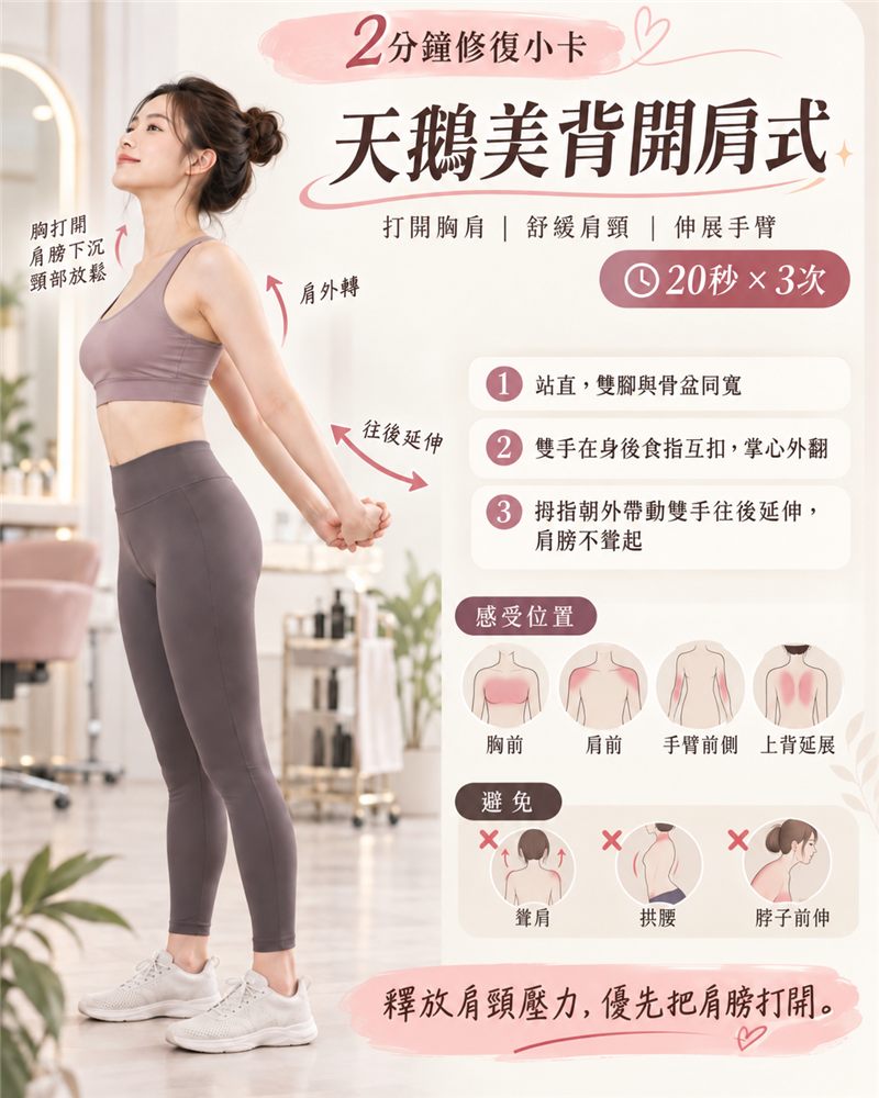 2 分鐘修復小卡：天鵝美背開肩式，20 秒 × 3 次，打開胸肩、舒緩肩頸、伸展手臂