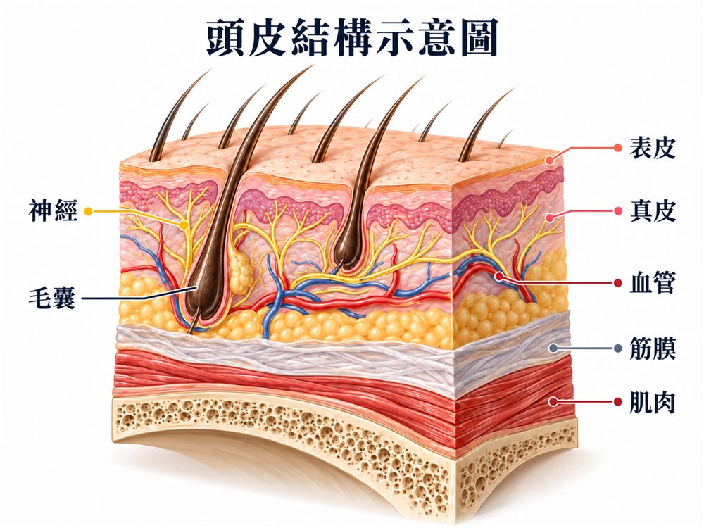 頭皮結構示意圖:表皮、真皮、血管、神經、毛囊、筋膜與肌肉